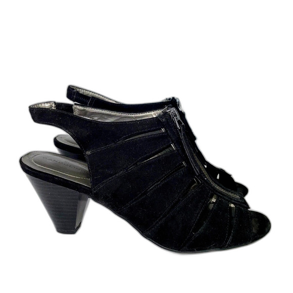 Bandolino Black Cage Micro Suede Peep Toe Heels Slingback Sandals Women's 8.5 - Picture 1 of 10